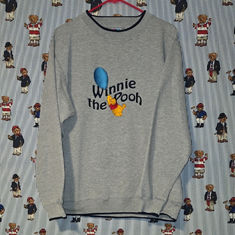 Vintage 90s Disney Winnie the Pooh Embroidered Sweatshirt Gray Navy Large
